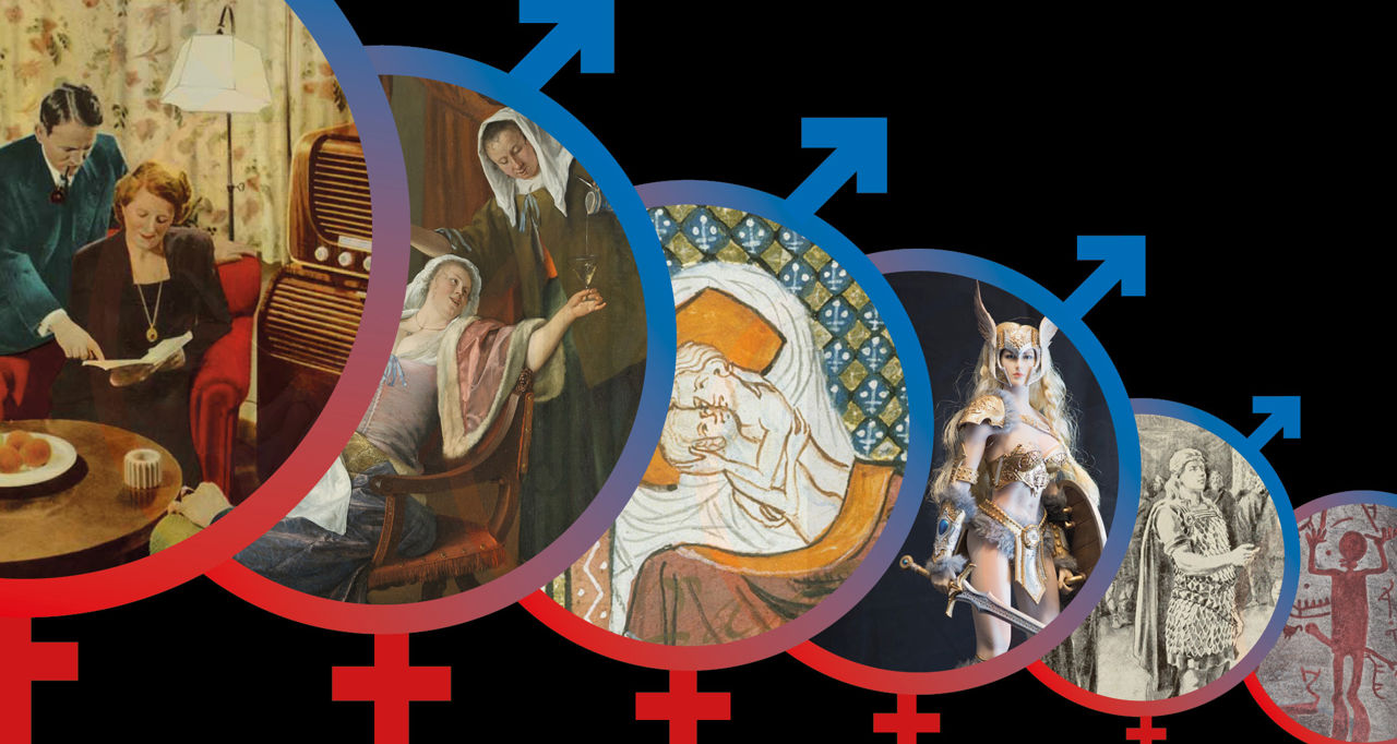 Kollage: 6 multi-gender-ikoner med billeder der repræsenterer 1900-tallet, renæssancen, middelalderen, vikingetiden, jernalderen og bronzealderen