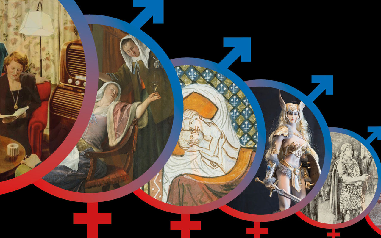 Kollage: 6 multi-gender-ikoner med billeder der repræsenterer 1900-tallet, renæssancen, middelalderen, vikingetiden, jernalderen og bronzealderen