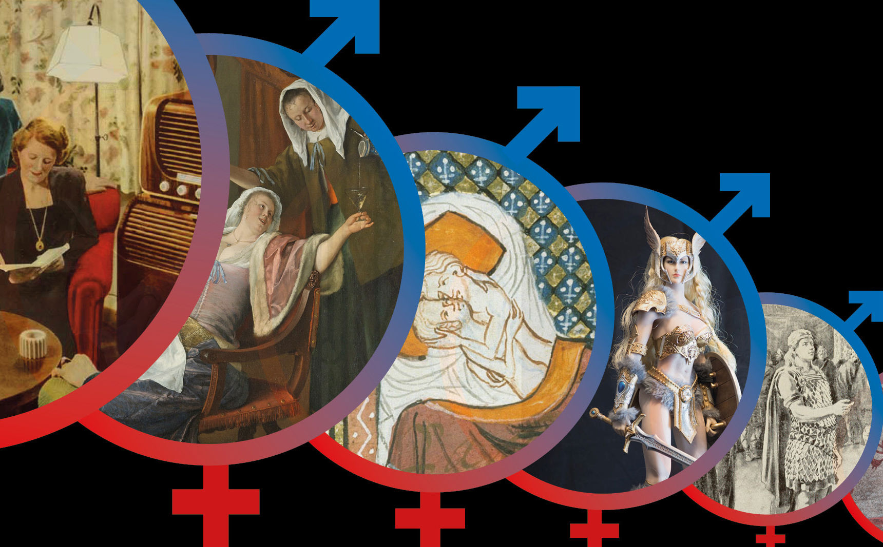 Kollage: 6 multi-gender-ikoner med billeder der repræsenterer 1900-tallet, renæssancen, middelalderen, vikingetiden, jernalderen og bronzealderen