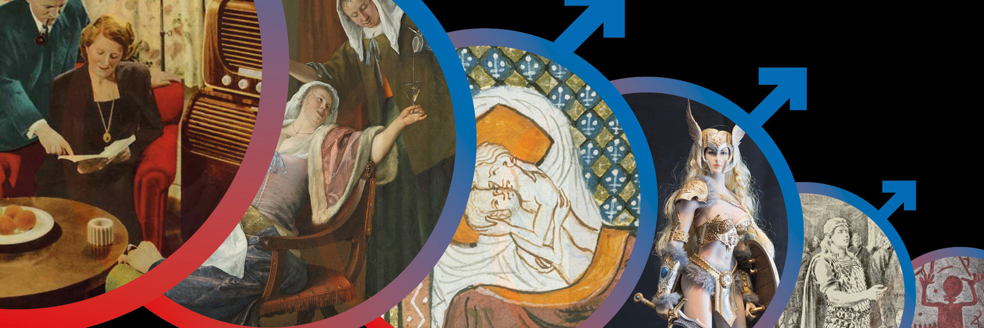 Kollage: 6 multi-gender-ikoner med billeder der repræsenterer 1900-tallet, renæssancen, middelalderen, vikingetiden, jernalderen og bronzealderen