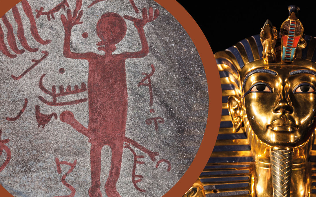 Kollage: Helleristning af mand med enormt erigeret lem og ægyptisk guldmaske