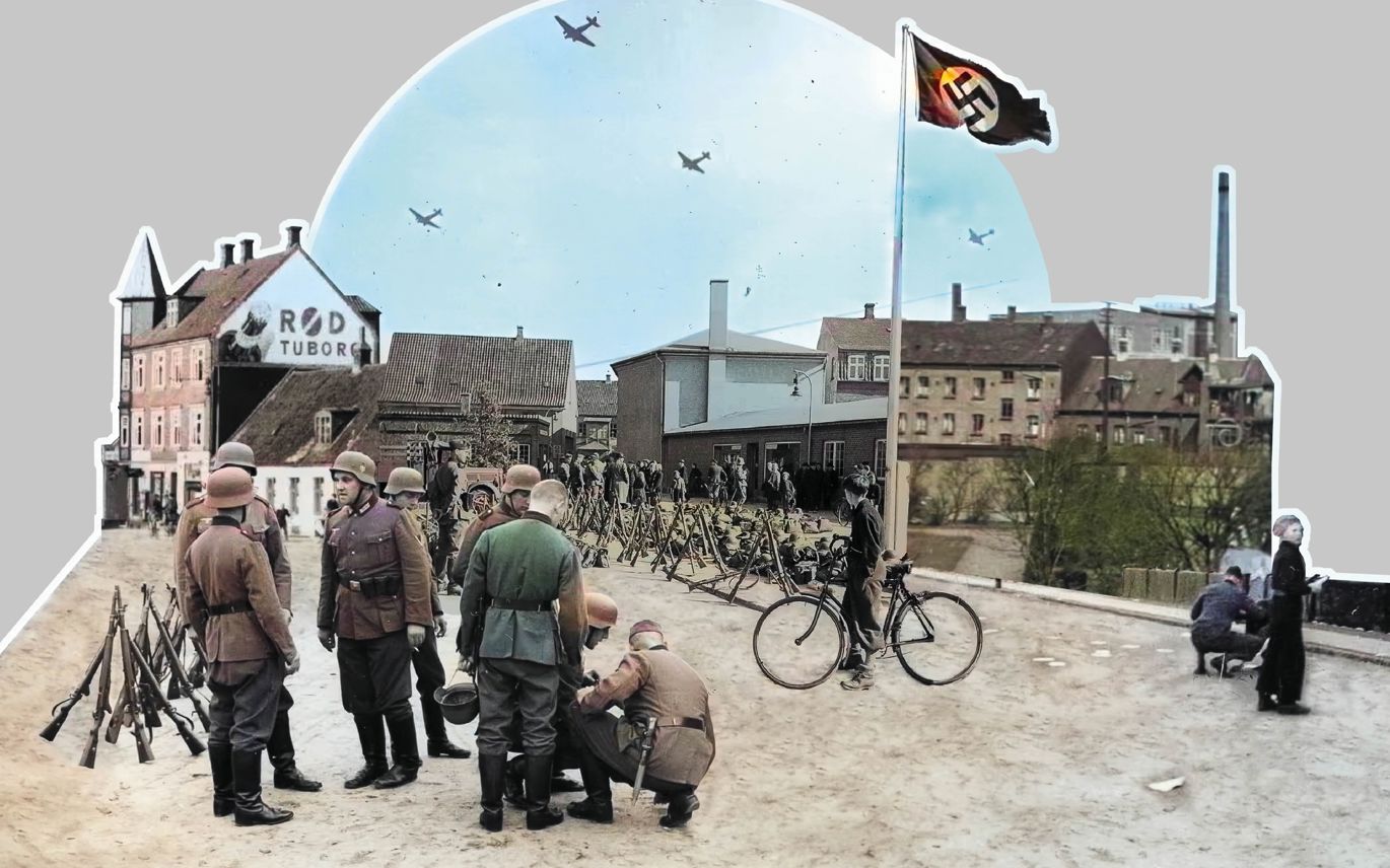 Kollage af farvelagte arkivfotos. Tyske soldater i Vejle