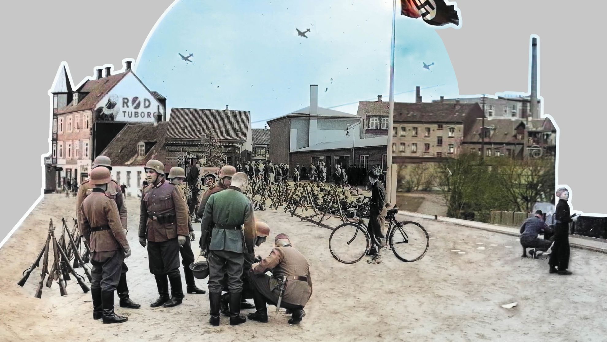 Kollage af farvelagte arkivfotos. Tyske soldater i Vejle