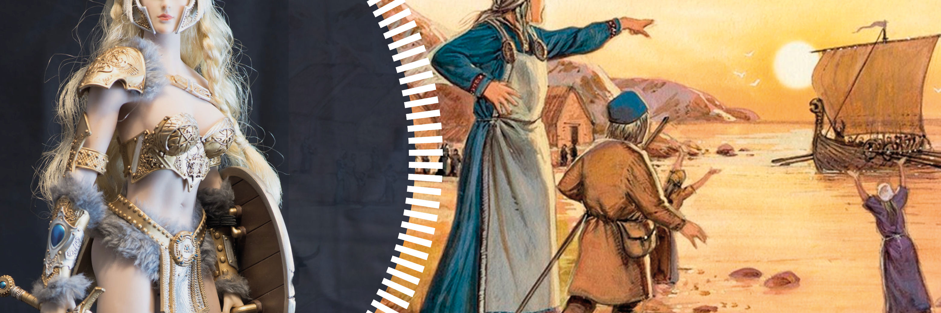 Kollage: Letpåklædt valkyrie med sværd og skjold. Kvinder og børn hilser vikingeskib velkommen hjem fra togt.