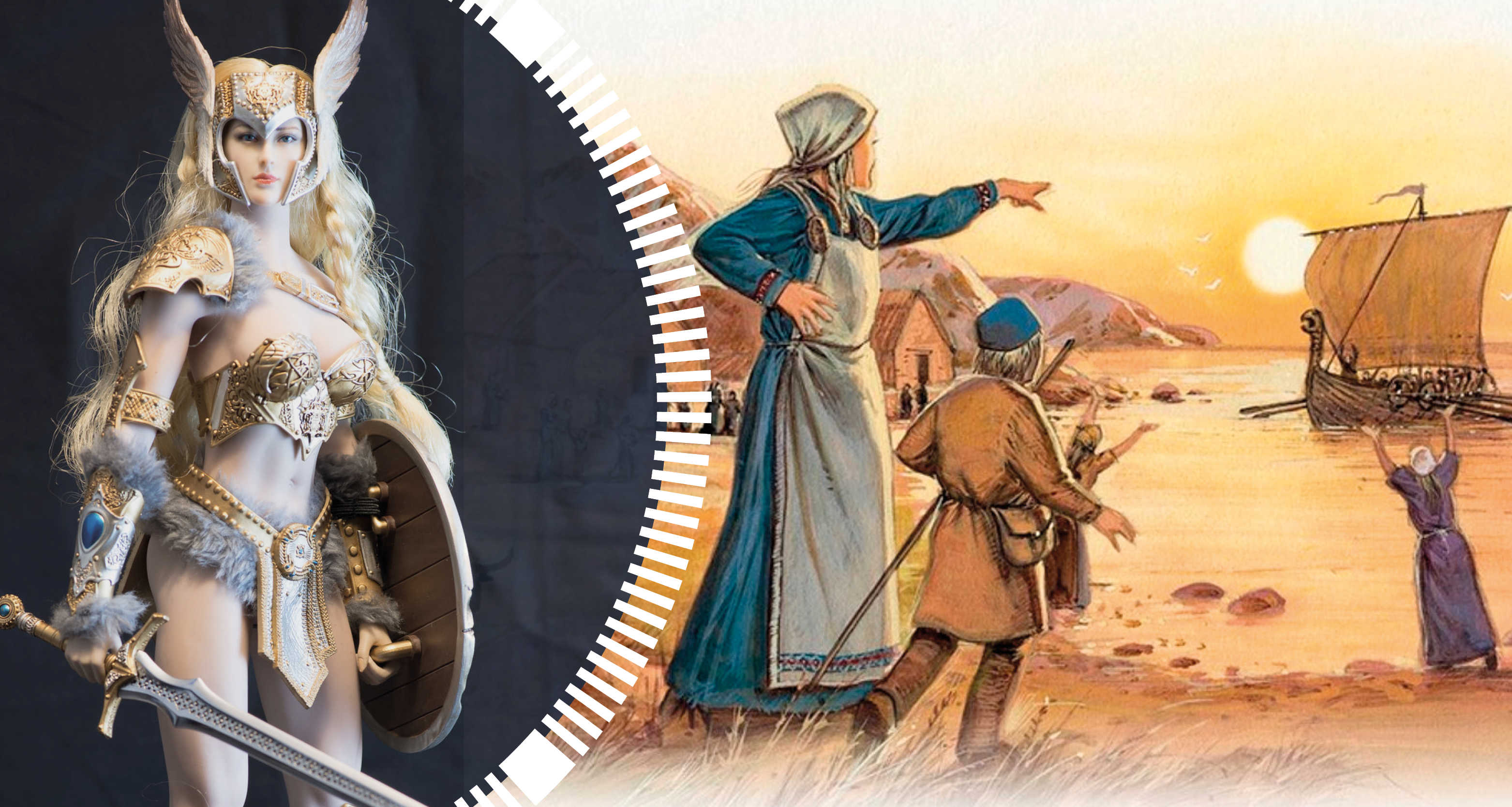 Kollage: Letpåklædt valkyrie med sværd og skjold. Kvinder og børn hilser vikingeskib velkommen hjem fra togt.