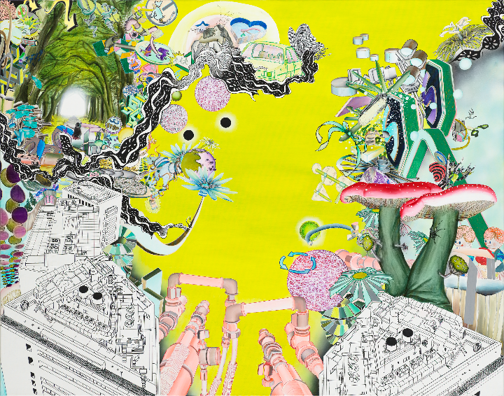 Trine Boesen: Bouncing on clouds, 2008, maleri Linoleumssnit, tegning