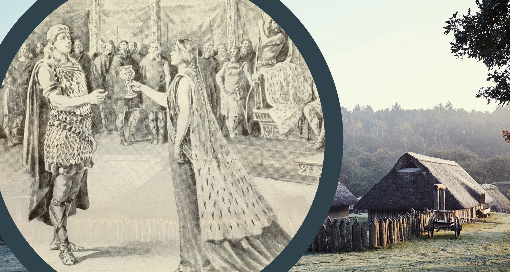 Kollage: Tegning af høvdingepar fra jernalderen og foto af rekonstrueret jernaldergård.
