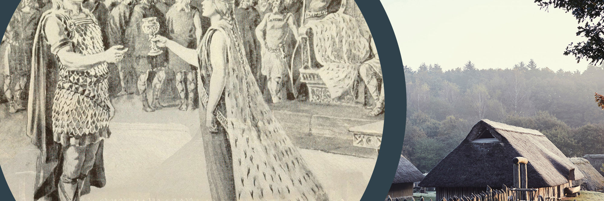 Kollage: Tegning af høvdingepar fra jernalderen og foto af rekonstrueret jernaldergård.