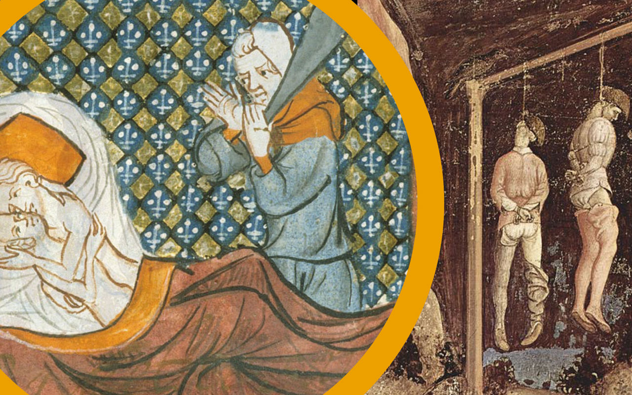 Kollage, tegninger: Par i seng overvåges af præstelignende mand. To døde hængte mænd i galge.