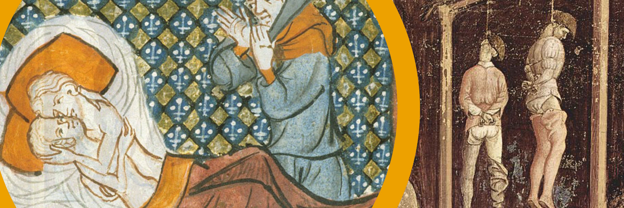 Kollage, tegninger: Par i seng overvåges af præstelignende mand. To døde hængte mænd i galge.