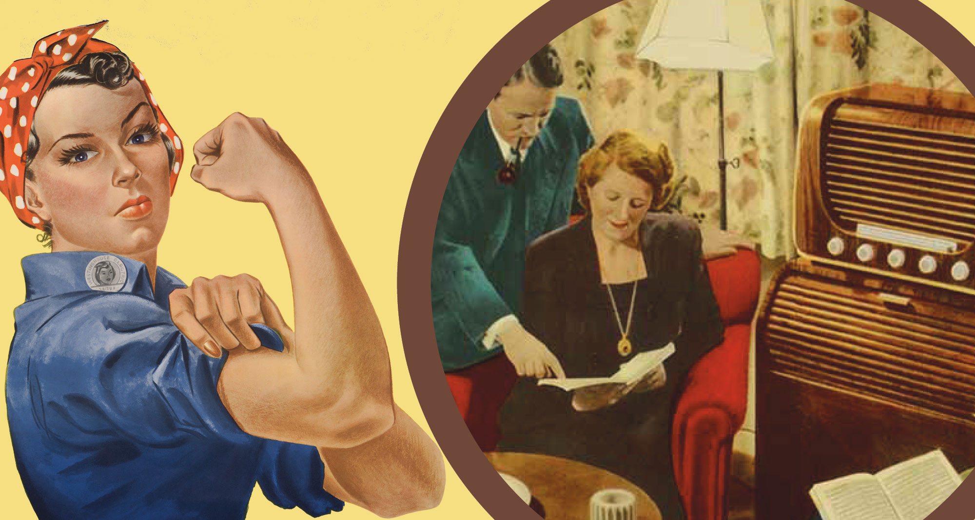 Kollage, tegninger: Mand med pibe forklarer sin kone hvad der står i hende bog. Stærk kvindelig arbejder.