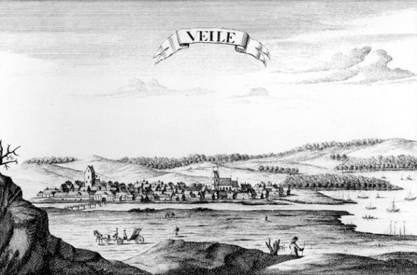 Vejle ca. 1767 med klostertårnet til venstre. Foto: Vejle Stadsarkiv.