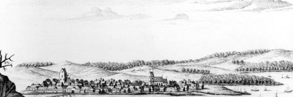 Vejle ca. 1767 med klostertårnet til venstre. Foto: Vejle Stadsarkiv.