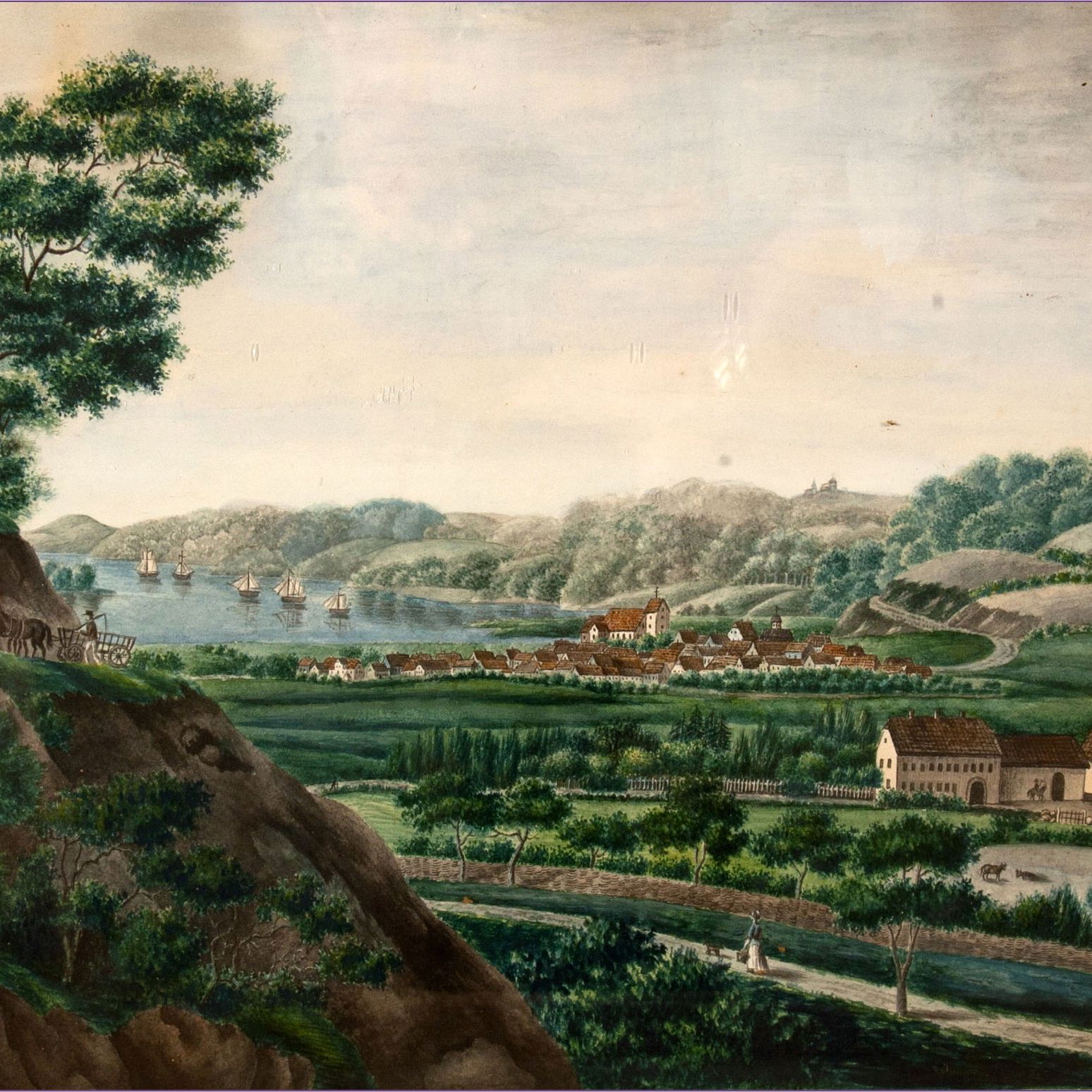 Vejle set fra nordvest med herregården Sofiesminde i forgrunden. Litografi fra 1822.