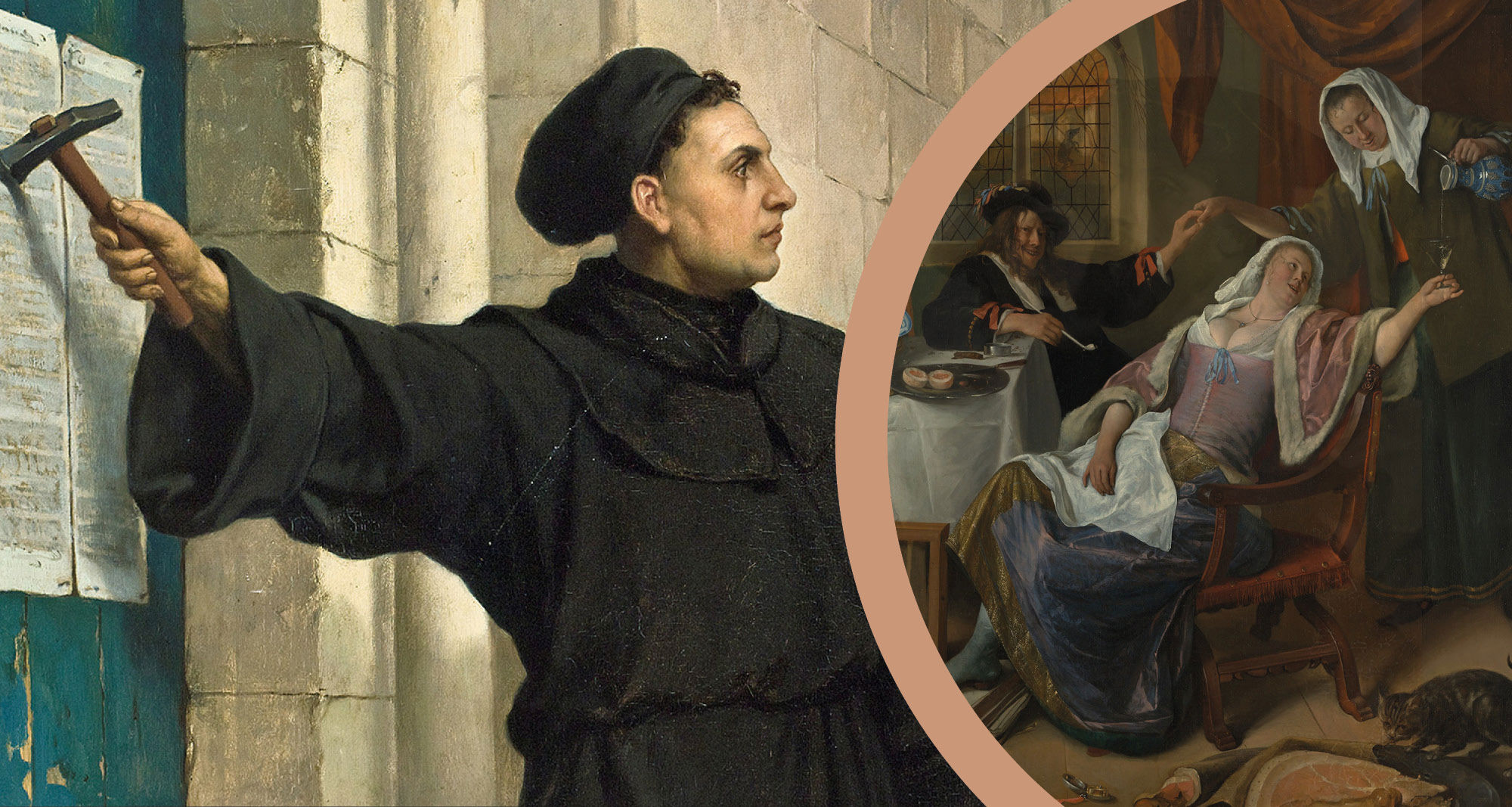 Kollage: Luthers teser på kirkedøren. Maleri af druk og skørlevned.