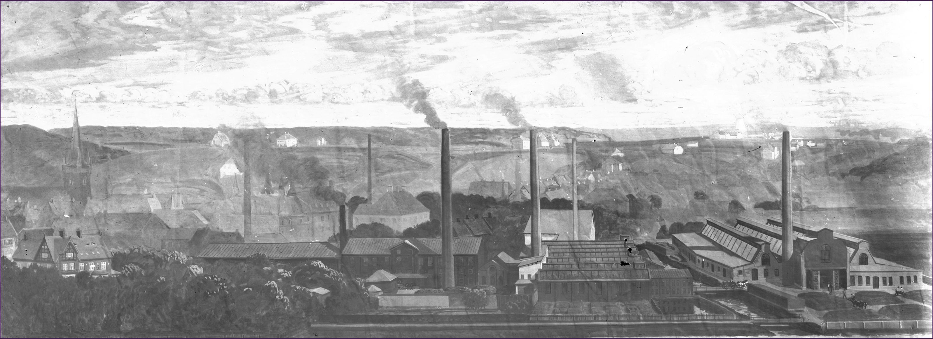 Maleri af C.M. Hess’ fabrikker, Vejle, 1915
