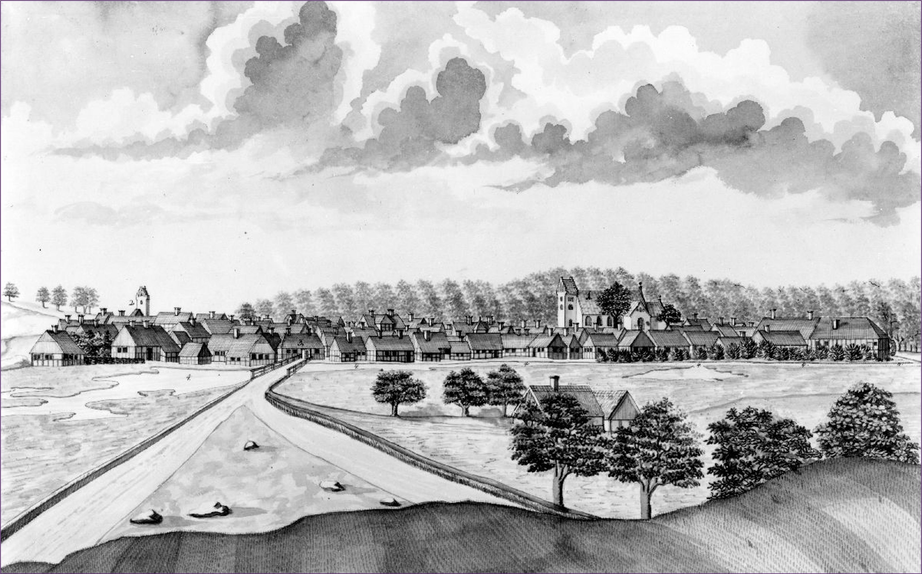 Prospektmaleri af Johan Jacob Bruun af Vejle set fra syd, 1755.