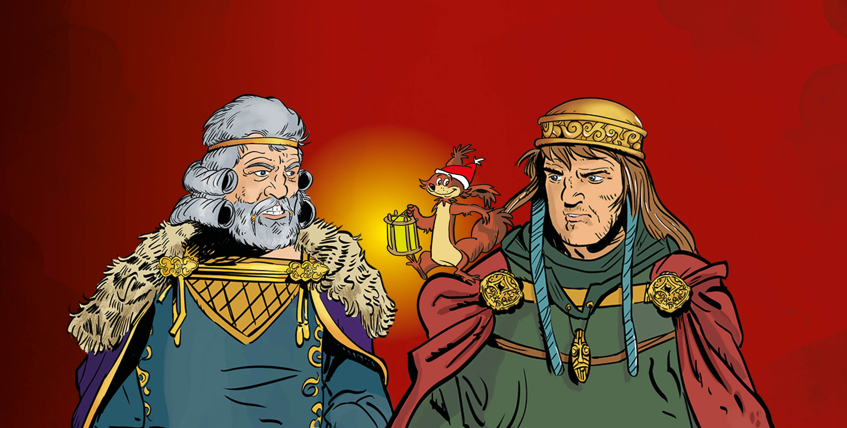 Tegning af to konger og egernet Ratatosk med nissehue