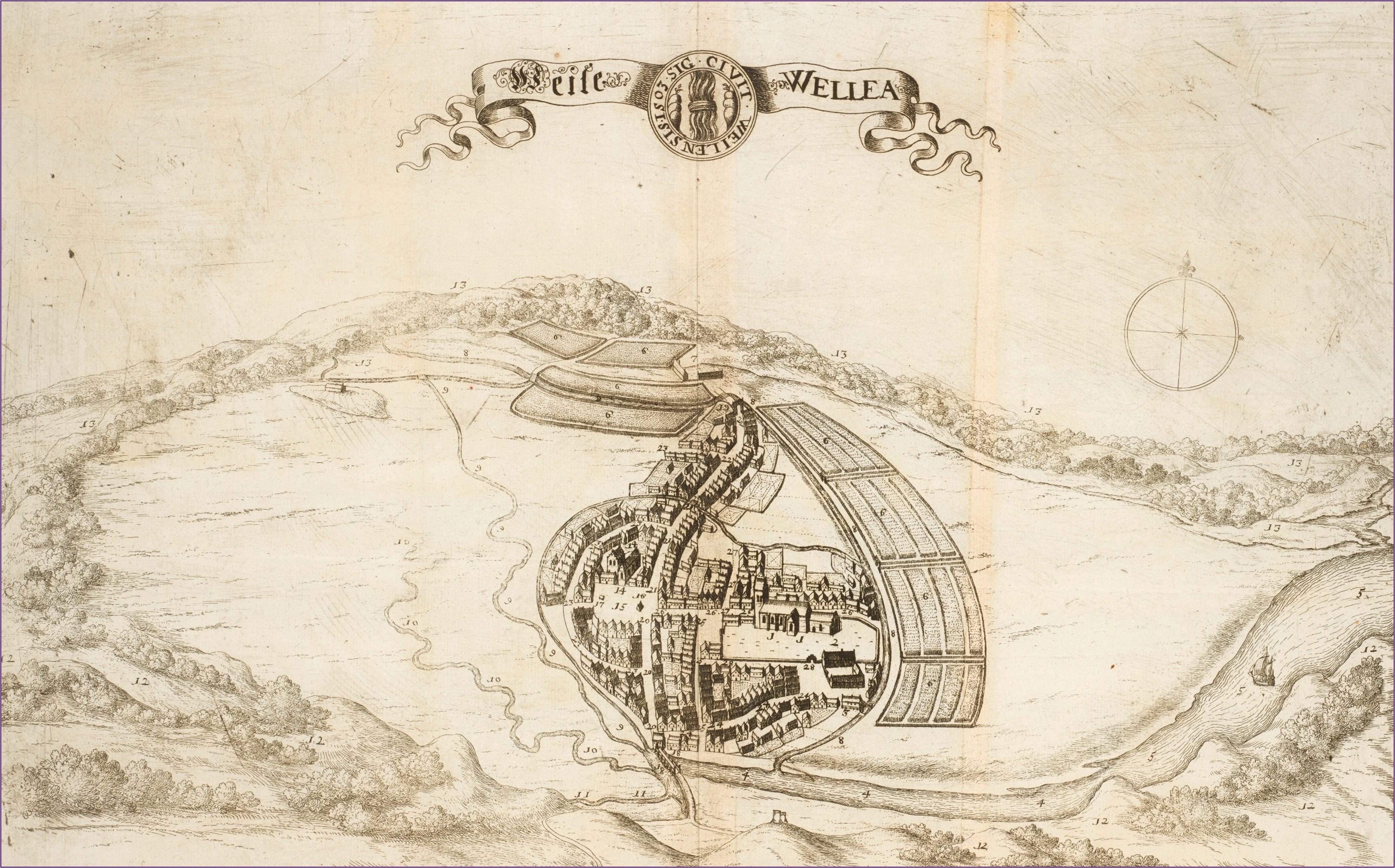 Kort over Vejle 1677. Byen er meget lille og centreret omkring den nuværende gågade.