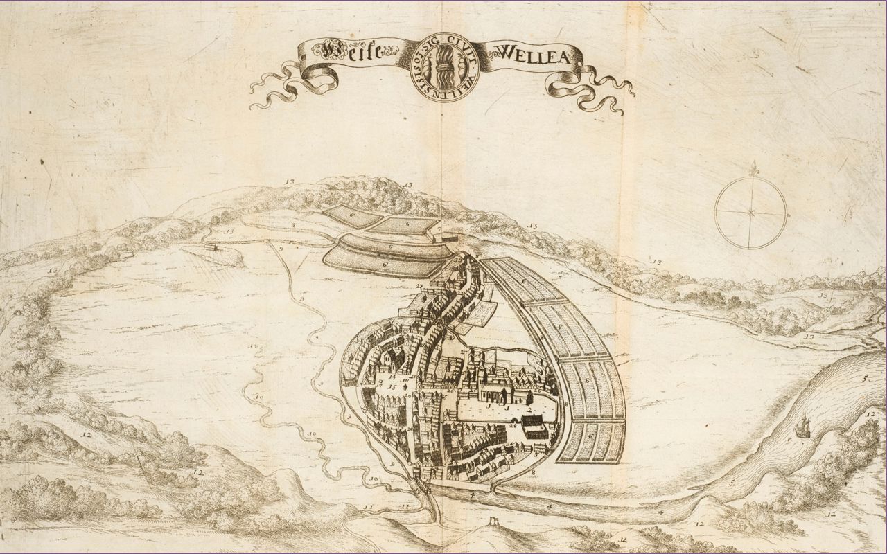 Kort over Vejle 1677. Byen er meget lille og centreret omkring den nuværende gågade.