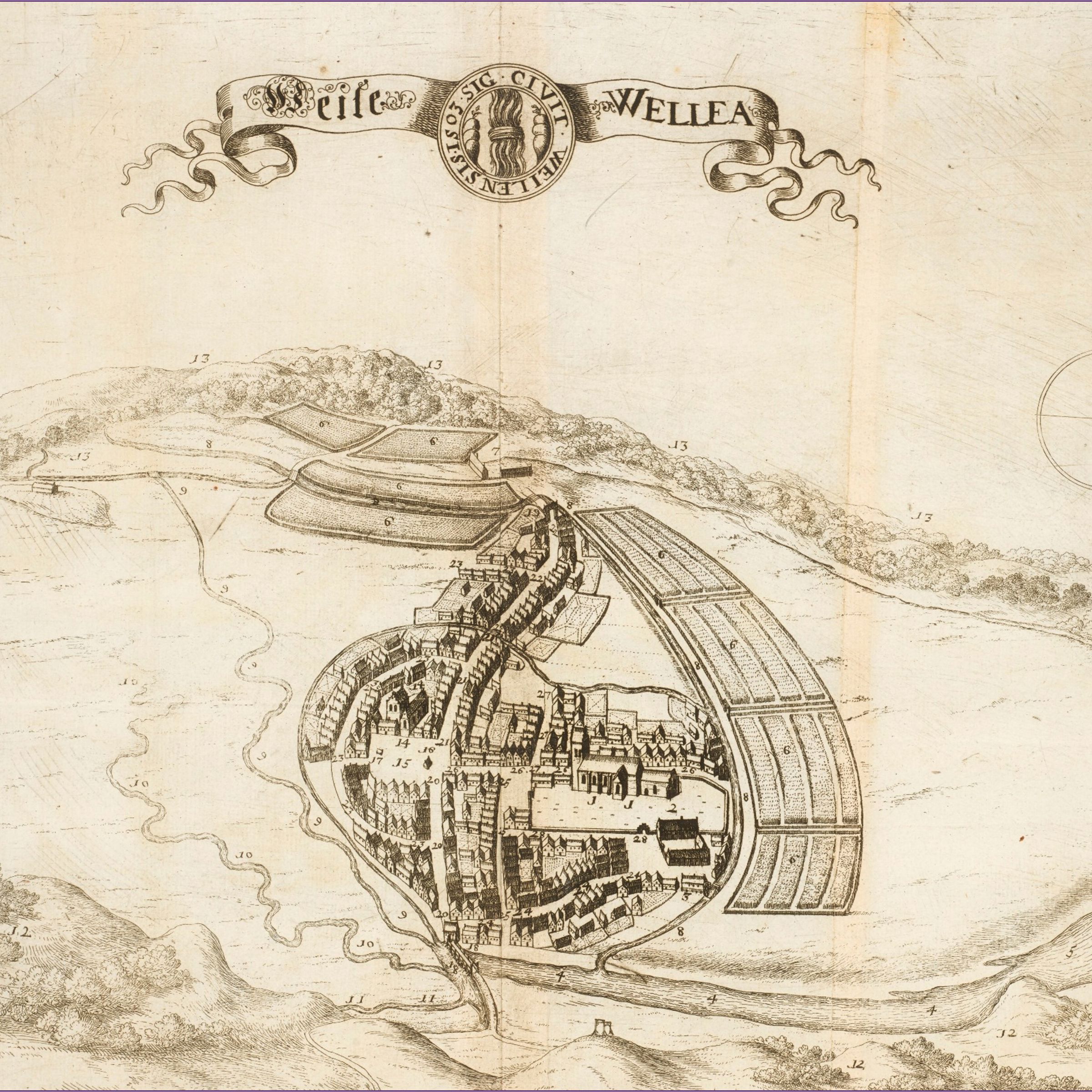 Kort over Vejle 1677. Byen er meget lille og centreret omkring den nuværende gågade.