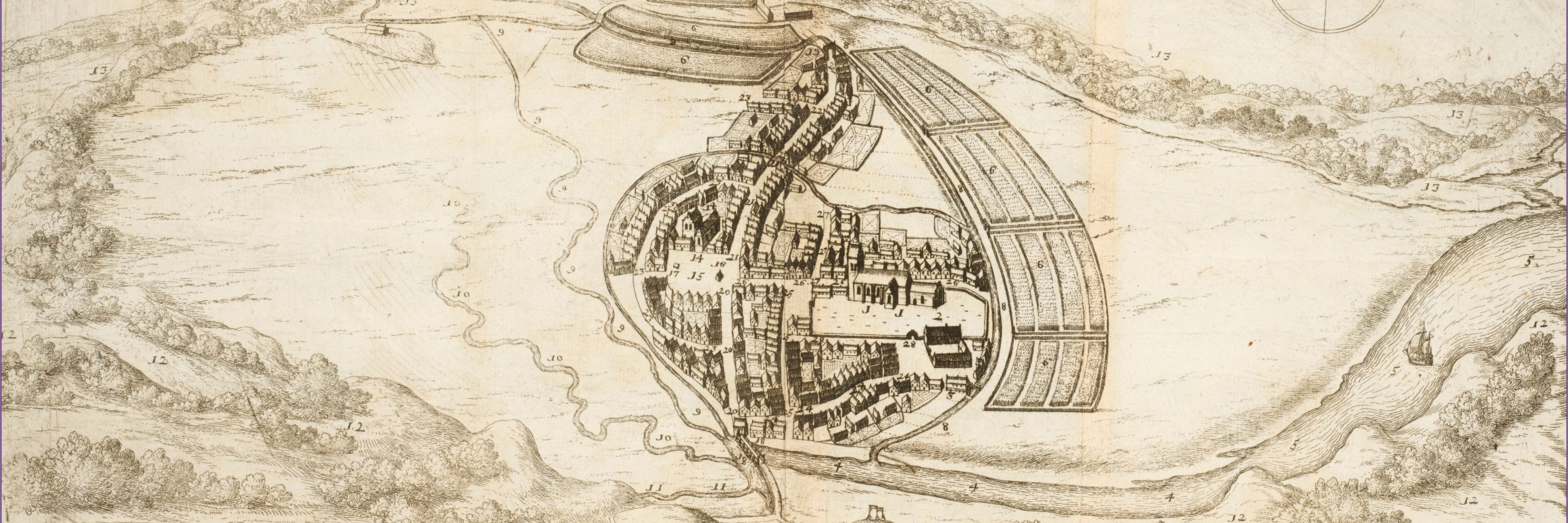 Kort over Vejle 1677. Byen er meget lille og centreret omkring den nuværende gågade.